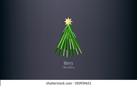 Merry Christmas paper tree design - horizontal greeting card, vector illustration. Single fir tree on a dark background. Materialistic designing