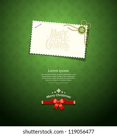 Merry Christmas Paper White Card Message On Green Background, Vector Illustration