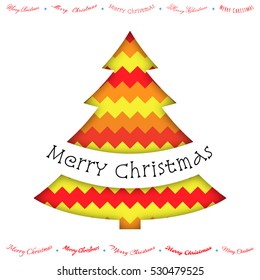 Merry Christmas paper yellow red greeting card, with cut in christmas tree form, color zigzag wave background, handwritten inscription. Vector