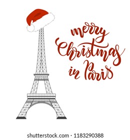 Merry Christmas in Paris lettering and Eiffel Tower with a red Santa hat on white background. Vector illustration
