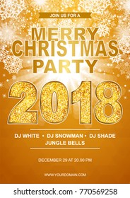 Merry Christmas party 2018 poster with gold glitter text design and snoflakes. Vector illustration.