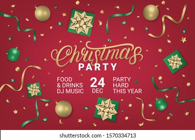 Merry Christmas Party 2020 gorizontal poster, flyer, invitation on red background with gift box, shiny golden bow, ribbons, sparkling confetti. Realistic festive style. Vector illustration.