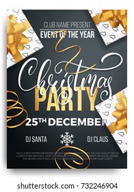 Merry Christmas party. Background of Christmas lettering, gift packages and curly gold gift ribbons. Merry Christmas design layout