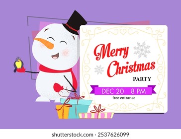 Merry Christmas party bright invitation design. Inscription with snowman in cylinder hat near gift boxes on abstract background. Can be used for postcards, invitations, greeting cards
