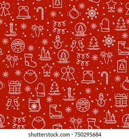 Merry Christmas party celebration seamless pattern. Xmas New Year holidays. Party decor elements thin icons. Vector illustration. Line background texture. Snowflakes christmas tree gift firework bell