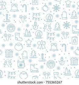 Merry Christmas party celebration seamless pattern. Xmas New Year holidays. Party decor elements thin icons. Vector illustration. Line background texture. Snowflakes christmas tree gift firework bell