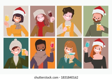 Merry Christmas party collection of people in winter clothes.
