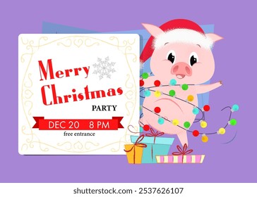 Merry Christmas party creative design. Lettering in frame with funny piglet in garland lamps on abstract background. Can be used for postcards, invitations, greeting cards