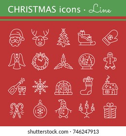Merry Christmas. Christmas party elements. New Year Outline pictograms for web site design and mobile apps. Winter holidays vector illustration. Editable stroke.