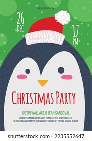 Merry christmas party event penguin banner vector. Cute antarctic bird wear santa claus cap accessory in winter snow day. New year festival celebration invitation flat cartoon illustration