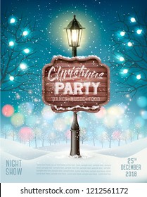 Merry Christmas Party Flyer Background With Evening Winter Landscape And Lamppost. Vector