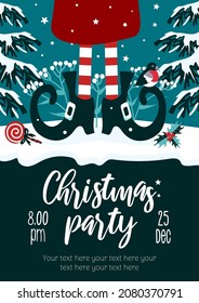 Merry Christmas party flyer. Bright vector illustration in cartoon style in green - red colors. Lollipop, gifts, striped stockings, elf shoes, holly. For advertising banner, poster, flyer.