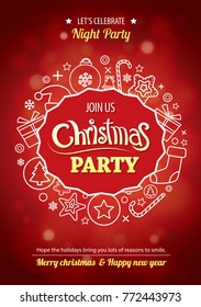 Merry christmas party for flyer brochure design on red background invitation theme concept. Happy holiday greeting banner and card template.