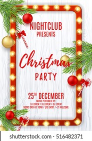 Merry Christmas party flyer. Elegant vector illustration with red and golden toys. Beautiful background with candy canes and shining lamps. Design of invitation to nightclub.