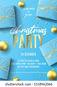 Merry Christmas party flyer invite. Holiday poster with realistic blue gift boxes, Christmas golden balls and golden confetti. Vector illustration. Invitation to night club party.