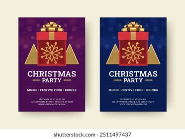 Merry Christmas party flyer with luxury gift box design template set realistic vector illustration. Happy New Year Xmas celebration holiday event announce invitation with festive present golden spruce