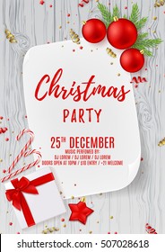 Merry Christmas party flyer. Top view on Xmas composition with gift box, golden confetti and red balls. Design of invitation to night club. Elegant vector illustration.