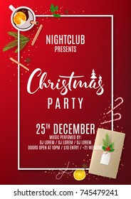 Merry Christmas Party Flyer. Top view on Festive Decoration. Holiday Composition with Paper Gift Box and Confetti on Red Backdrop. Greeting Card. Vector Illustration.