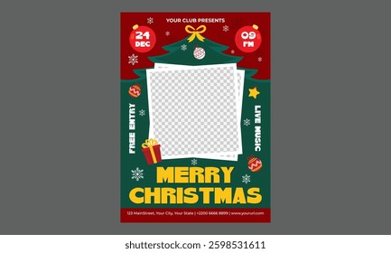 Merry Christmas Party Flyer. Vector illustration with abstract Christmas tree for flyer template, greeting card, poster, banner or social media. Happy New Year and Merry Christmas.