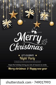 Merry Christmas Party And Gift Box On Dark Background Invitation Theme Concept. Happy Holiday Greeting Banner And Card Design Template.