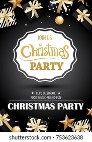 Merry christmas party and gift box on black background invitation theme concept. Happy holiday greeting banner and card design template.