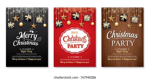 Merry christmas party and gift box on background invitation theme concept. Happy holiday greeting banner and card design template.