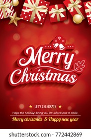 Merry christmas party and gift box for flyer brochure design on red background invitation theme concept. Happy holiday greeting banner and card template.