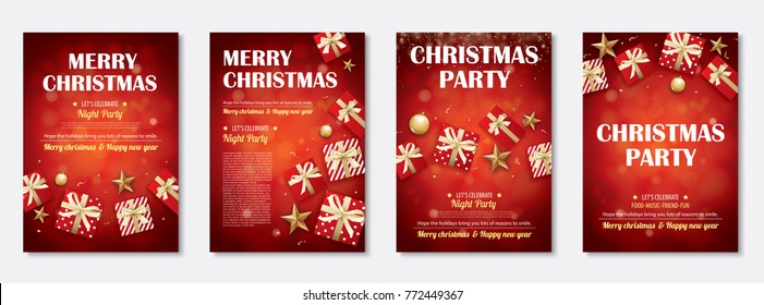 Merry christmas party and gift box for flyer brochure design on red background invitation theme concept. Happy holiday greeting banner and card template.