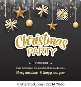 Merry christmas party with glass ball and giftbox for flyer brochure background invitation theme concept. Happy holiday greeting banner and card template.