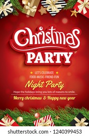 Merry christmas party and greeting card on red background invitation theme concept. Happy holiday design template.