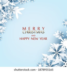 Merry Christmas Party Greeting Card. White Origami Paper And Cut Snow Flakes. EPS10 Vector