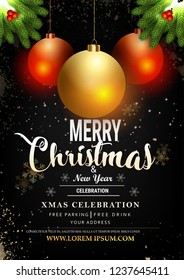 Merry Christmas party and Happy New Year party design template, invitation, poster with golden balls and grey background 