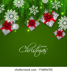 Merry Christmas Party invitation with blue fir pine branch gift box with red bow and snowflake