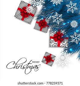 Merry Christmas Party invitation with blue fir pine branch gift box with red bow and snowflake