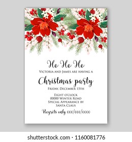 Merry Christmas party invitation card floral background watercolor holiday wreath of poinsettia fir greenery
