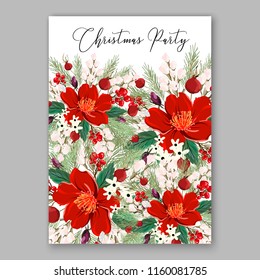 Merry Christmas party invitation card floral background watercolor holiday wreath of poinsettia fir greenery