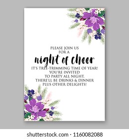 Merry Christmas party invitation card floral background watercolor holiday wreath of poinsettia fir greenery