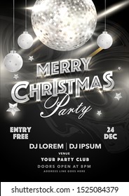 Merry Christmas Party invitation card design with shiny disco ball, hanging baubles and event details on abstract black background.