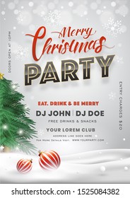 Merry Christmas Party invitation card design with Xmas tree, baubles and event details on snowy background.