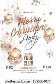 Merry Christmas party invitation card or flyer design with hanging golden baubles, stars and snowflakes decorated on white background.