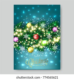 Merry Christmas Party Invitation card with fir branch ball toy