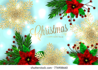 Merry Christmas Party Invitation Card fir pine branch wreath , pionsettia winter flower, red berry