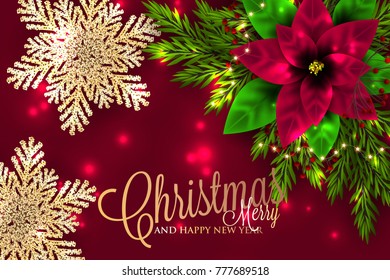 Merry Christmas Party Invitation Card fir pine branch wreath , pionsettia winter flower, red berry