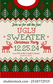 Merry Christmas Party Invitation cards with knitted patterns and ornaments in scandinavian style with deers. Ugly Sweater Christmas Party. Flat style