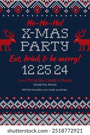 Merry Christmas Party Invitation cards with knitted patterns and ornaments in scandinavian style with deers. Ugly Sweater Christmas Party. Flat style