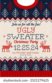 Merry Christmas Party Invitation cards with knitted patterns and ornaments in scandinavian style with deers. Ugly Sweater Christmas Party. Flat style