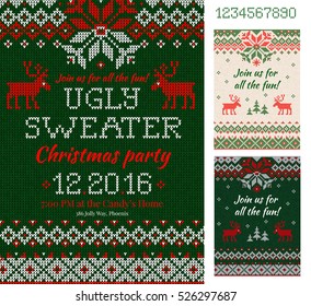 Merry Christmas Party Invitation cards with knitted patterns and ornaments in scandinavian style with deers. Ugly Sweater Christmas Party. Front and back sides. Flat style