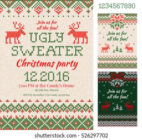 Merry Christmas Party Invitation cards with knitted patterns and ornaments in scandinavian style with deers. Ugly Sweater Christmas Party. Front and back sides. Flat style