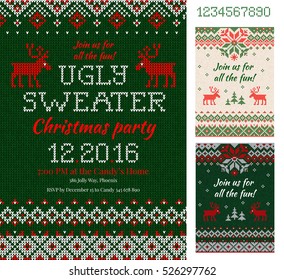 Merry Christmas Party Invitation cards with knitted patterns and ornaments in scandinavian style with deers. Ugly Sweater Christmas Party. Front and back sides. Flat style