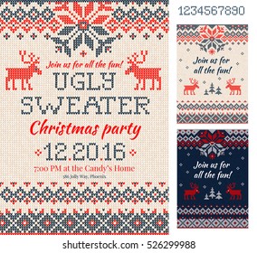 Merry Christmas Party Invitation cards with knitted patterns and ornaments in scandinavian style with deers. Ugly Sweater Christmas Party. Front and back sides. Flat style